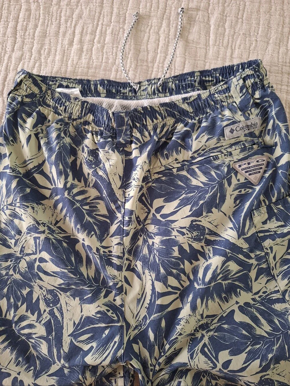 Columbia PFG Clearwater Blue and Light Green Tropical Leaf Swim Trunks UPF 50